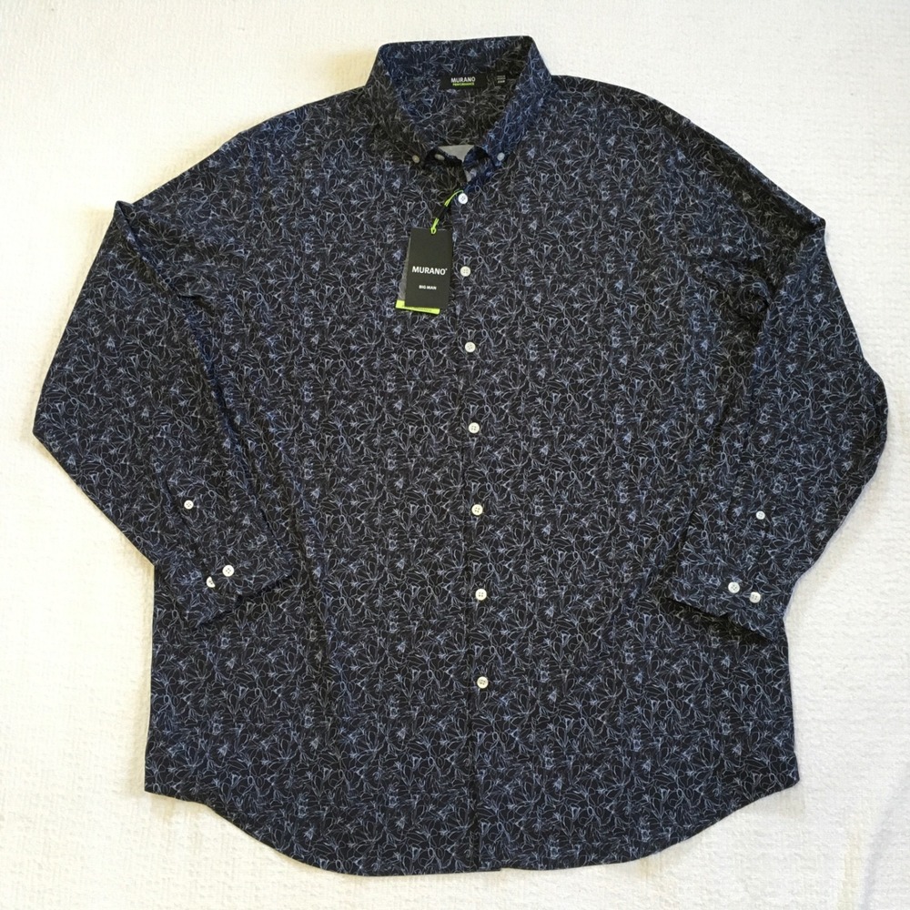 Murano Performance Big Man‎ Shirt 2XB Black White Floral Long Sleeve Button Down